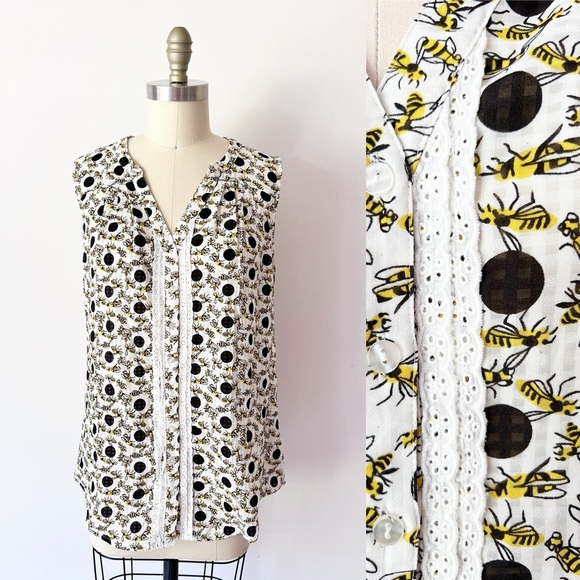 Modcloth White and Yellow Bee Print Blouse Sleeveless Novelty - Picture 1 of 8